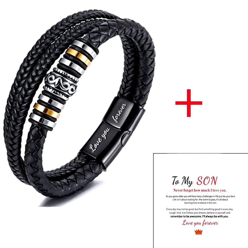 Braided Leather Bracelet to My Son 'Never Forget How Much I Love You' Braided Bracelets for Men Double Row Magnetic Closure